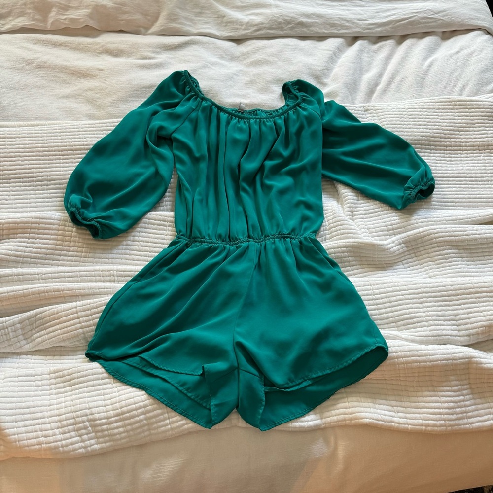 Teal long sleeve off shoulder romper with pockets